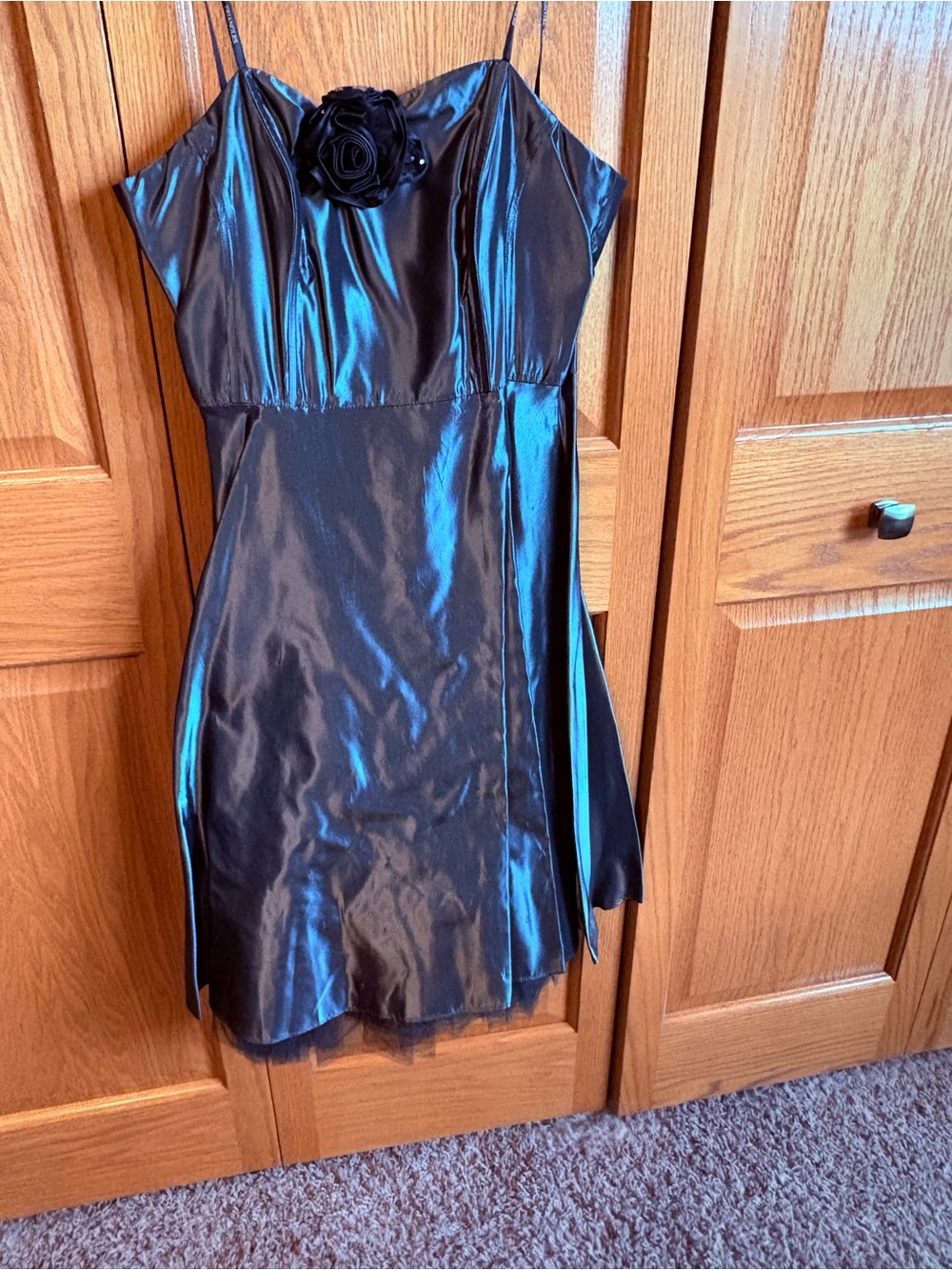 City Triangles Platunum Satin Strapless Mini Dress with Rosette